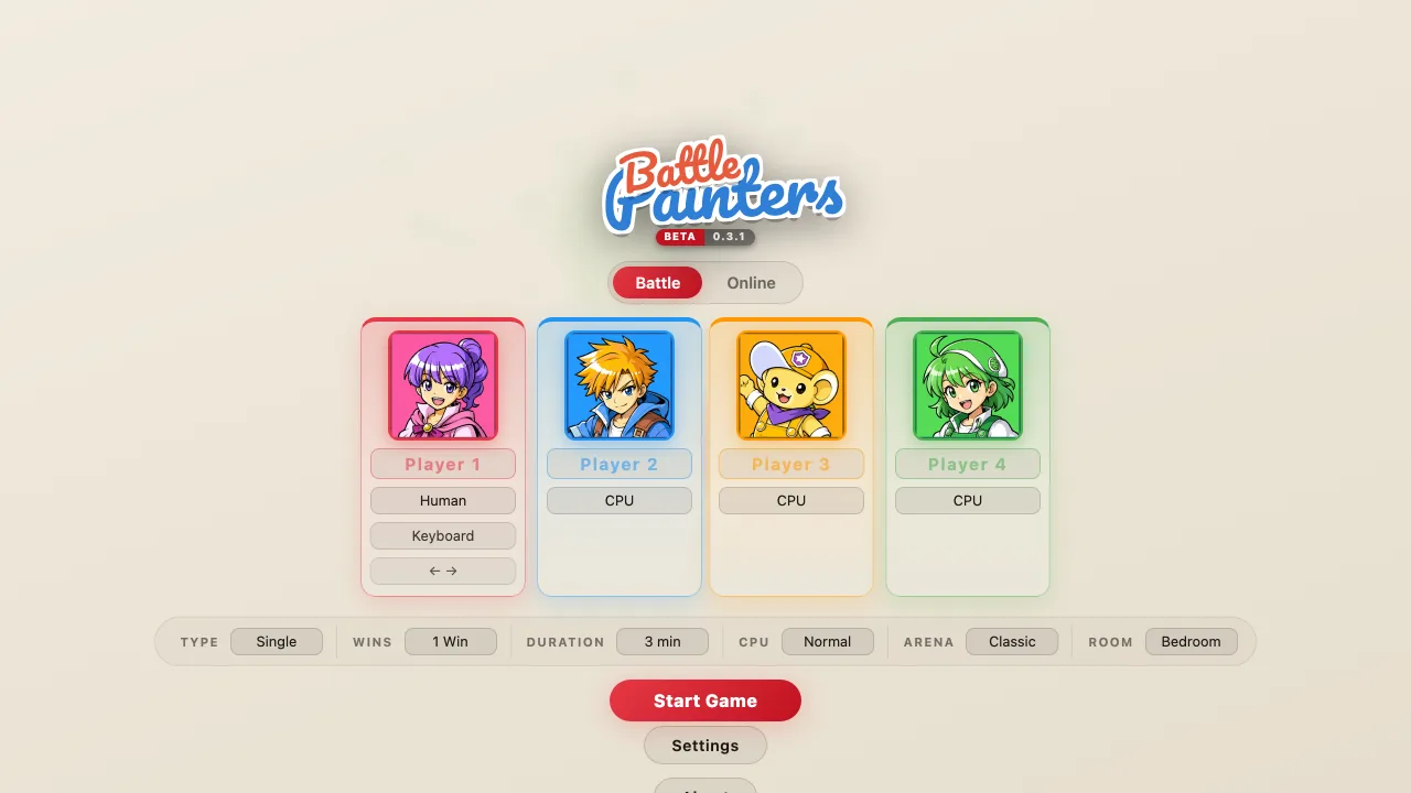 Main menu with the four-player character line-up