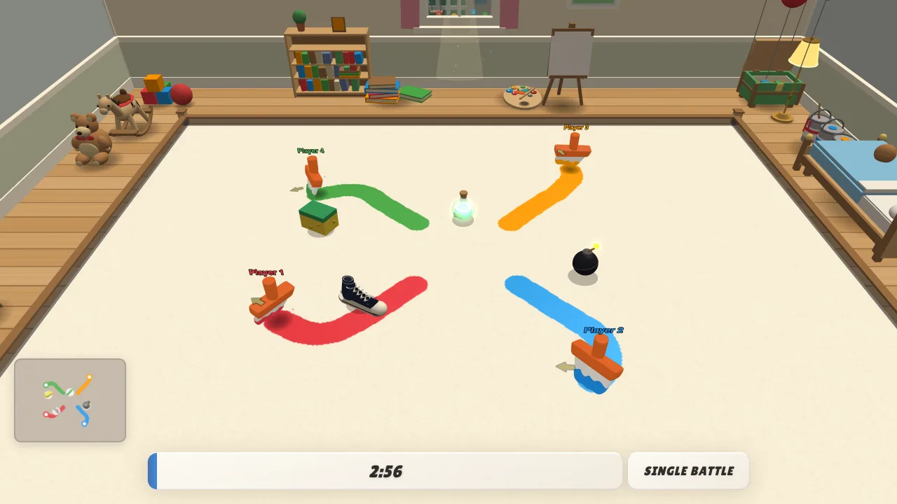 Magic items — a shoe, a potion and a paint bomb — waiting on the arena floor