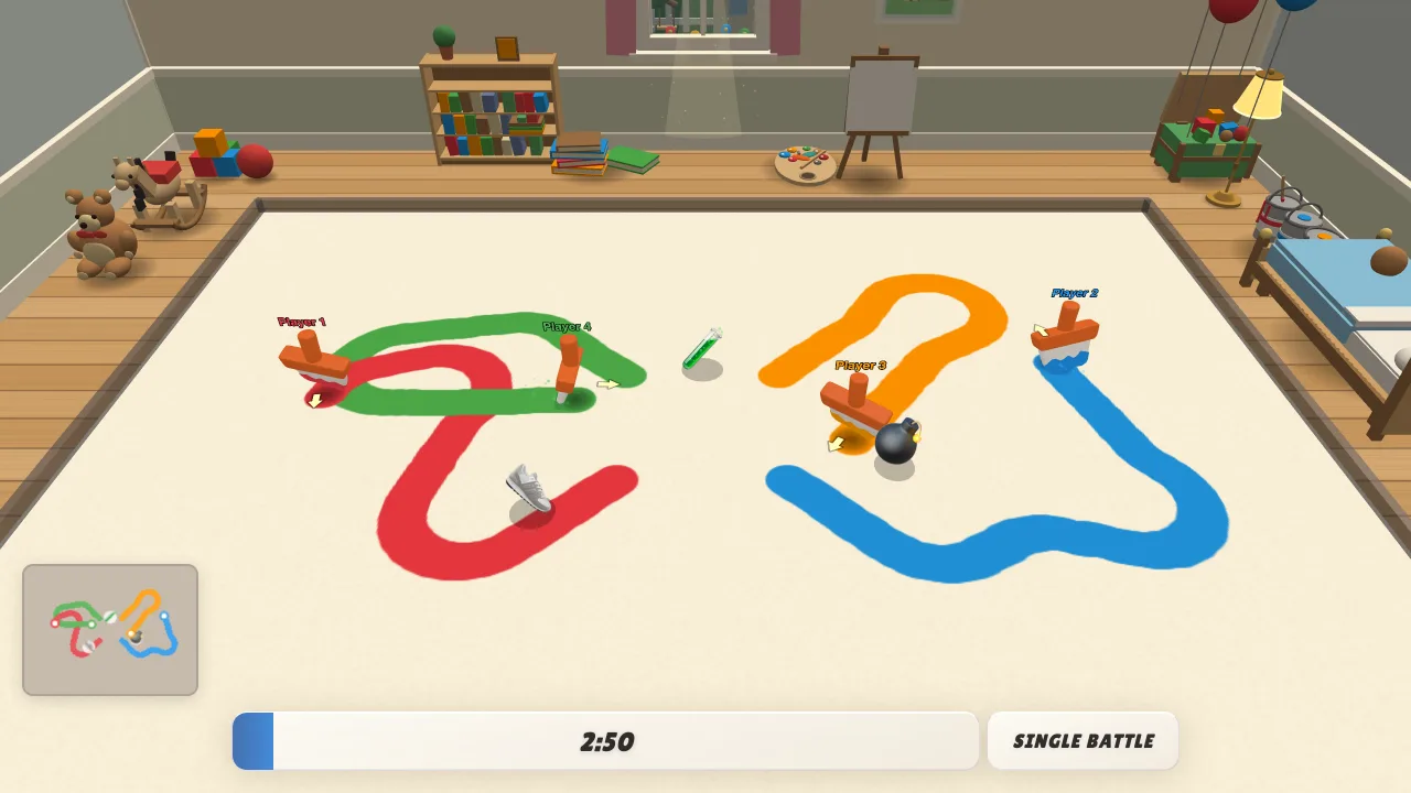 Magic items — a shoe, a potion and a paint bomb — waiting on the arena floor